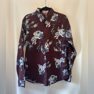 Guess Men's Burgundy Floral Button Up Shirt Medium Dark Cottagecore Office Goth